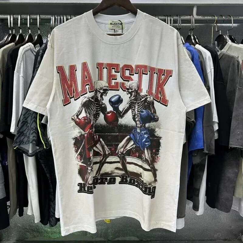 MAJESTIK Trendy Boxing Skull Print Beaded Letter Washed Antique Men's and Women's Loose Short-Sleeved T-Shirt
