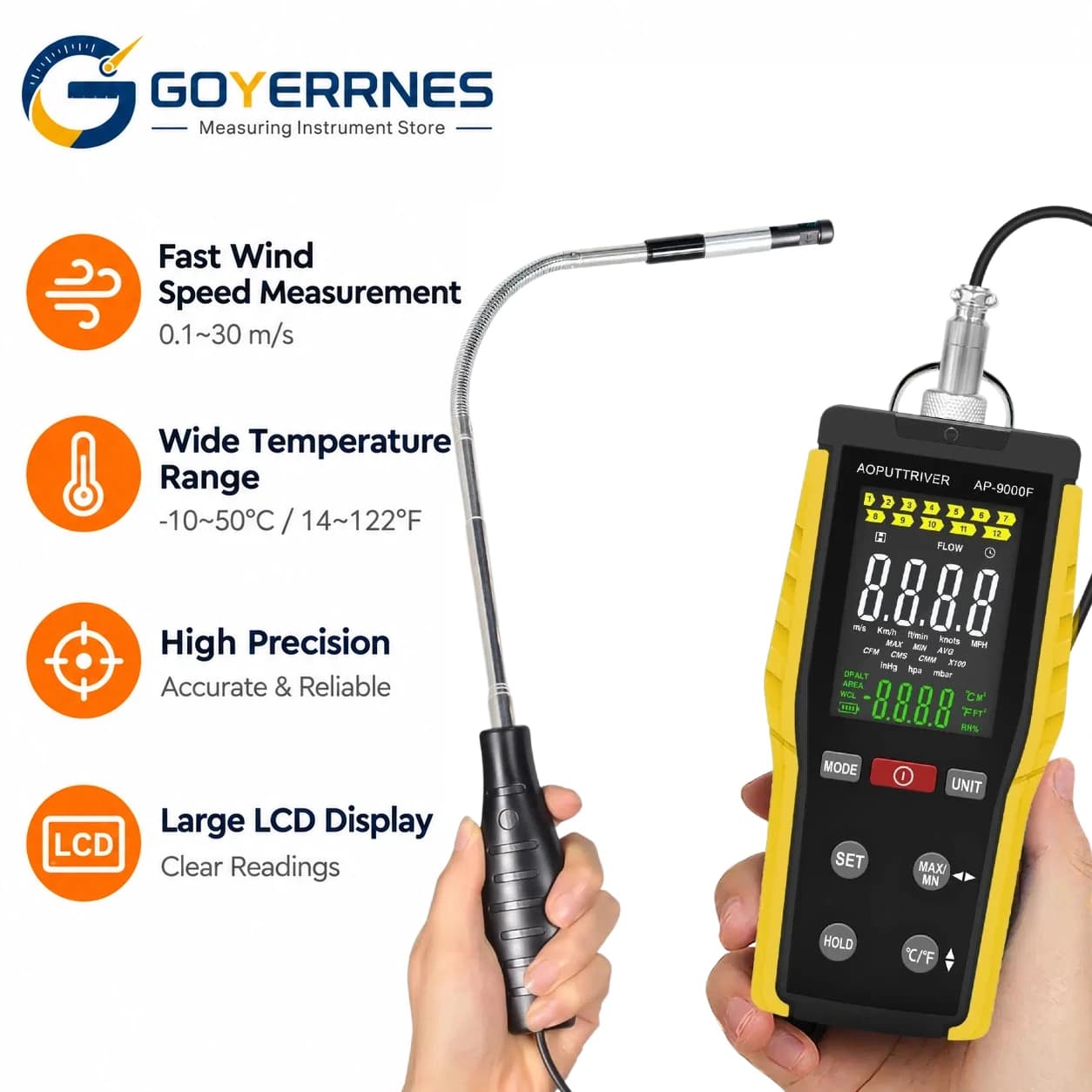 Wind Speed Meter Anemometer Tester 3 in 1 Air Volume Temperature Hot Wire Retractable Sensor for HVAC Air Conditioning