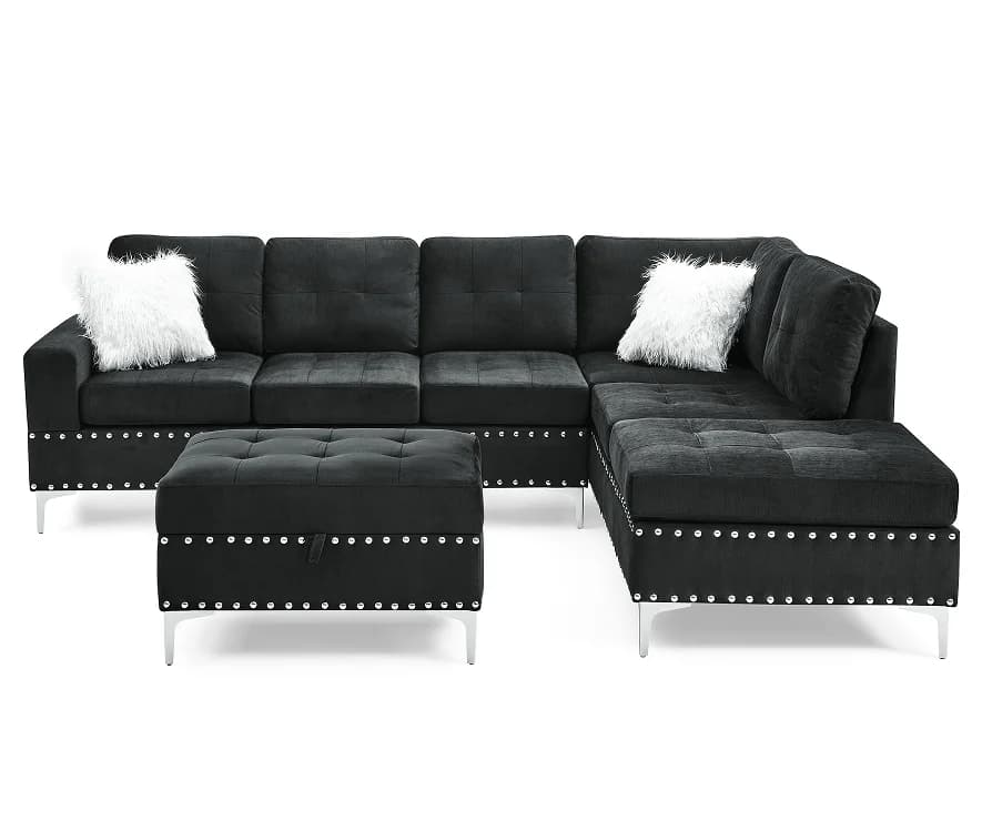 #Modern Convertible Sectional 3-Seaters Sofa Set Reversible Chaise Storage Ottoman Cup Holders L-Shaped Velvet Memory Foam Metal
