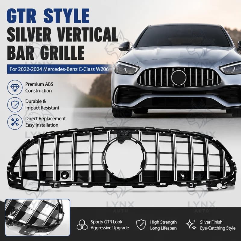 For 2022-2024 Mercedes-Benz C-Class W206 GTR Style Silver Vertical Bar Grille Replacement Front Grille Car Tuning Part