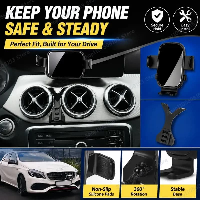 For Mercedes-Benz A-Class W176 2013-2018 For A45 AMG Clip On Phone Mount Adjustable Car Dashboard Holder Stable No Shake