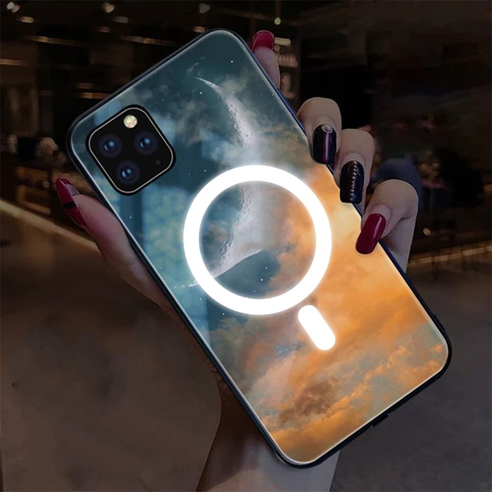 Lunar Eclipse Light Ring Luminous Glass LED Call Light Up Flash Phone Case For iPhone Air 18 17 16 E 15 14 13 12 11 Pro Max