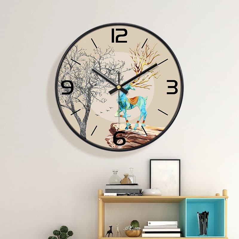 Bohemia Wall Clock Watercolor Deer Silent Non-Ticking Modern Art Timepiece Black Frame Decor for Home Living Room & Office
