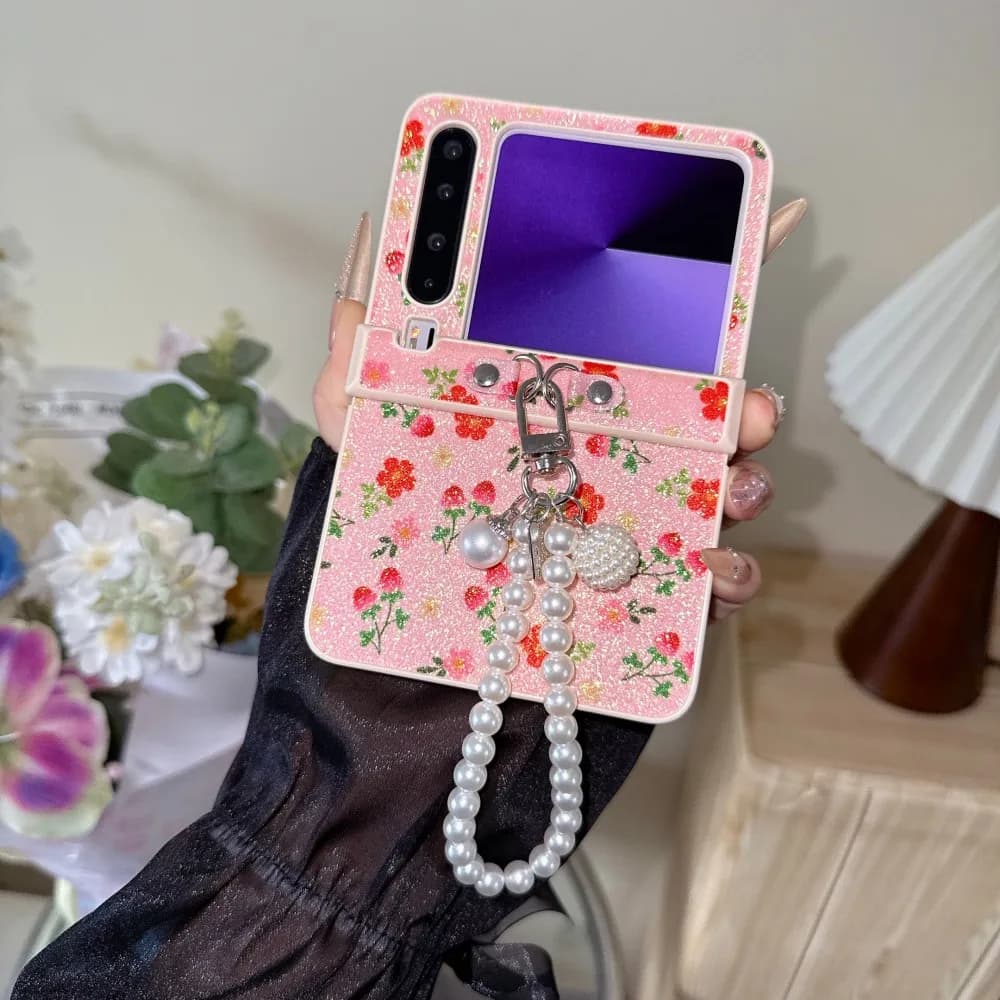 For HuaWei Pura X Glitter Flower Phone Case Hinge Protective PC Hard Shell Shockproof Bracelet Back Cover