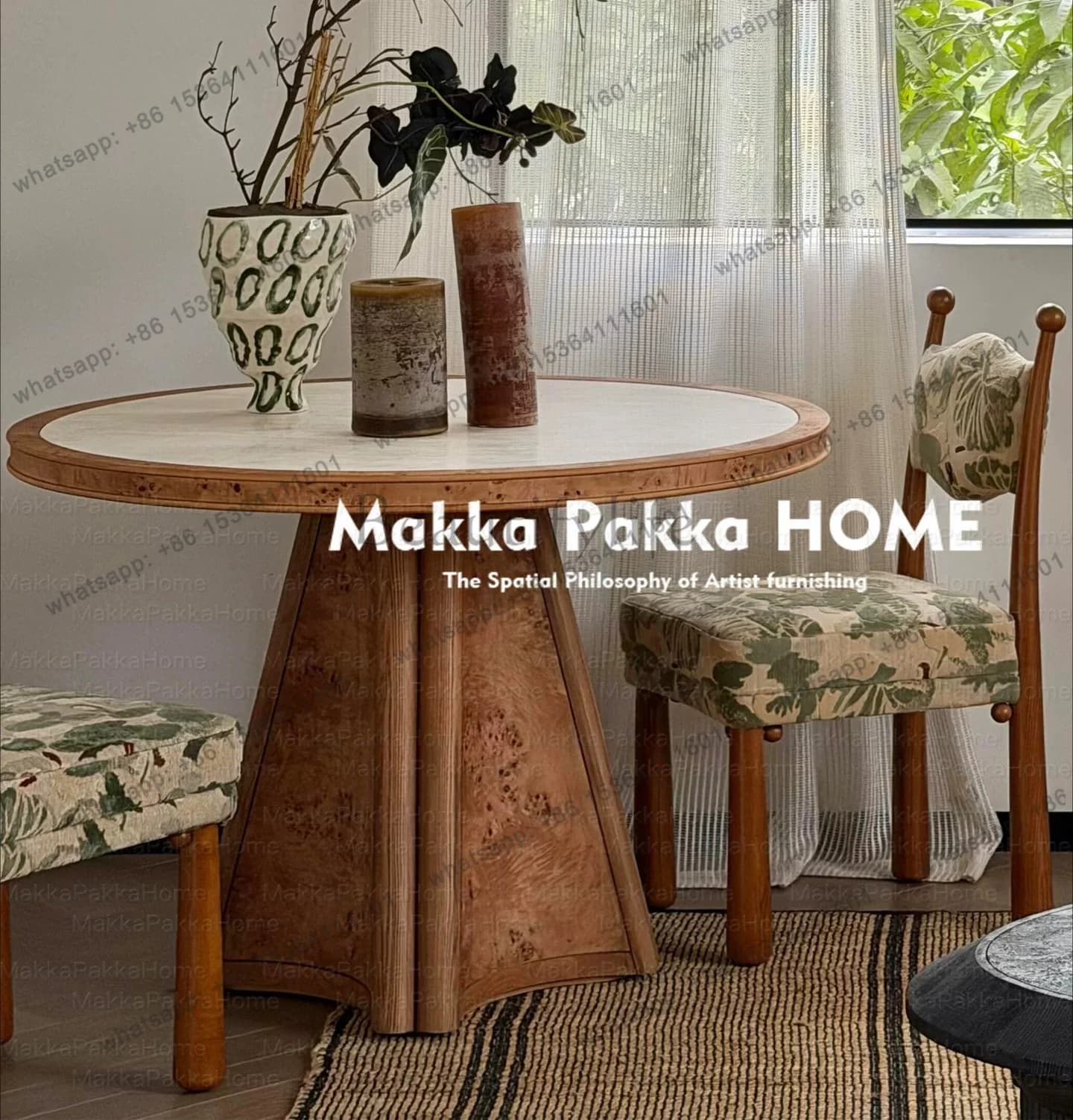 LS French antique tree rum pattern round solid wood dining table wabi sandy wind travertine small apartment art dining table