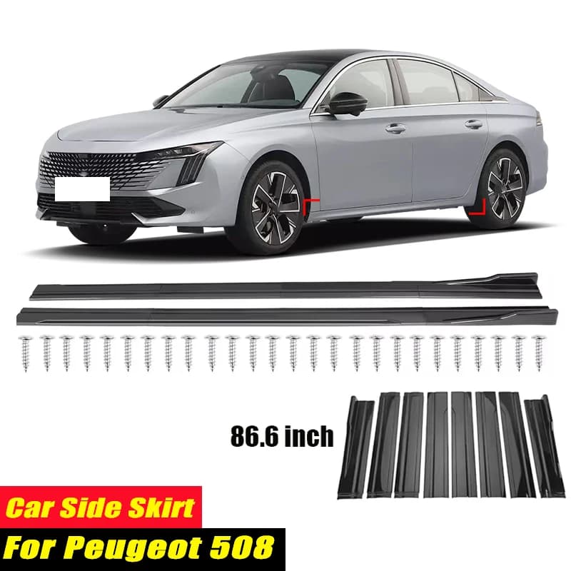 For Peugeot 508 Racing Style Side Skirts 86.6Inch 2.2M Rocker Panels Side Lip, ABS 8Pcs Glossy Black Car Body Ki