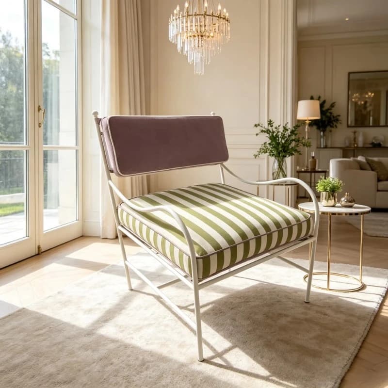 White Metal Frame Decorative Armchair Striped Fabric Seat Balcony Living Room
