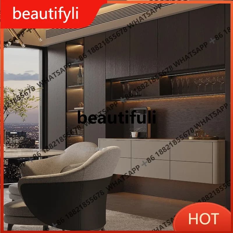 D80 Solid wood multi-layer board arc dining side wine cabinet Italian grade simple light luxury large flat-layer storage cabinet