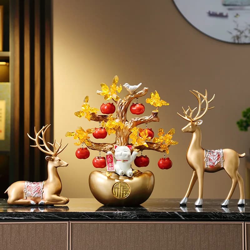 New Chinese high-end deer ornaments, living room entrance lucky cat rich money tree ingot decoration housewarming gifts