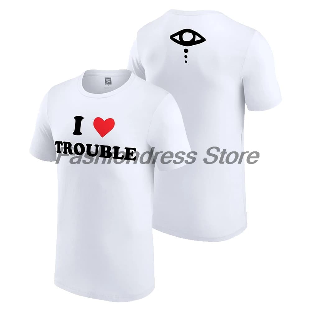 Men's White Liv Morgan I Love Trouble T-shirt Crewneck Short Sleeve Polyester Tee Women Outdoor Streetwear Tops