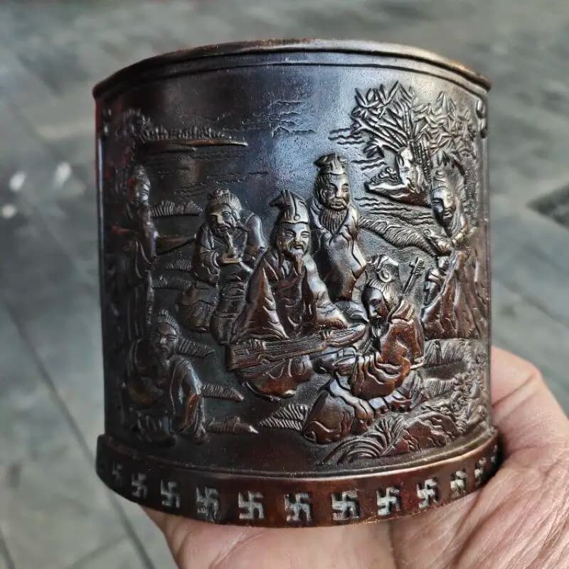 Antique Copper Collection Pen Holder Brushing Pot Exquisite Figure Relief Folk Art Crafts Ornament Stationery supplies
