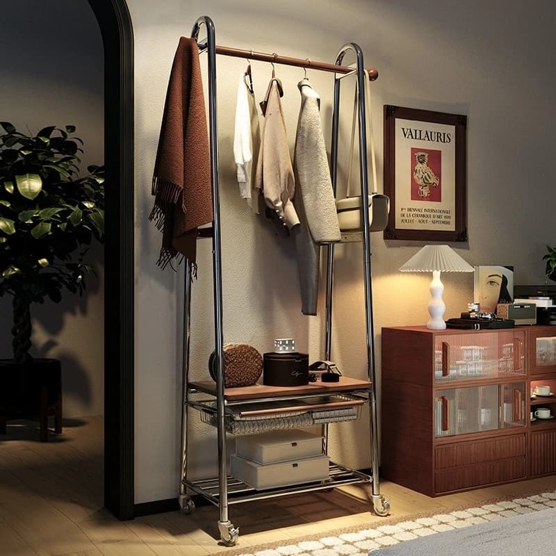 Simple coat rack with wheels removable floor hanging clothes rack household bedroom clothes storage rack