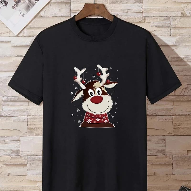 Christmas Reindeer Tee Print Graphic T-Shirt for Mens Womens Casual O-neck Short-Sleeve  Fashion Summer T-Shirts Regular Tops