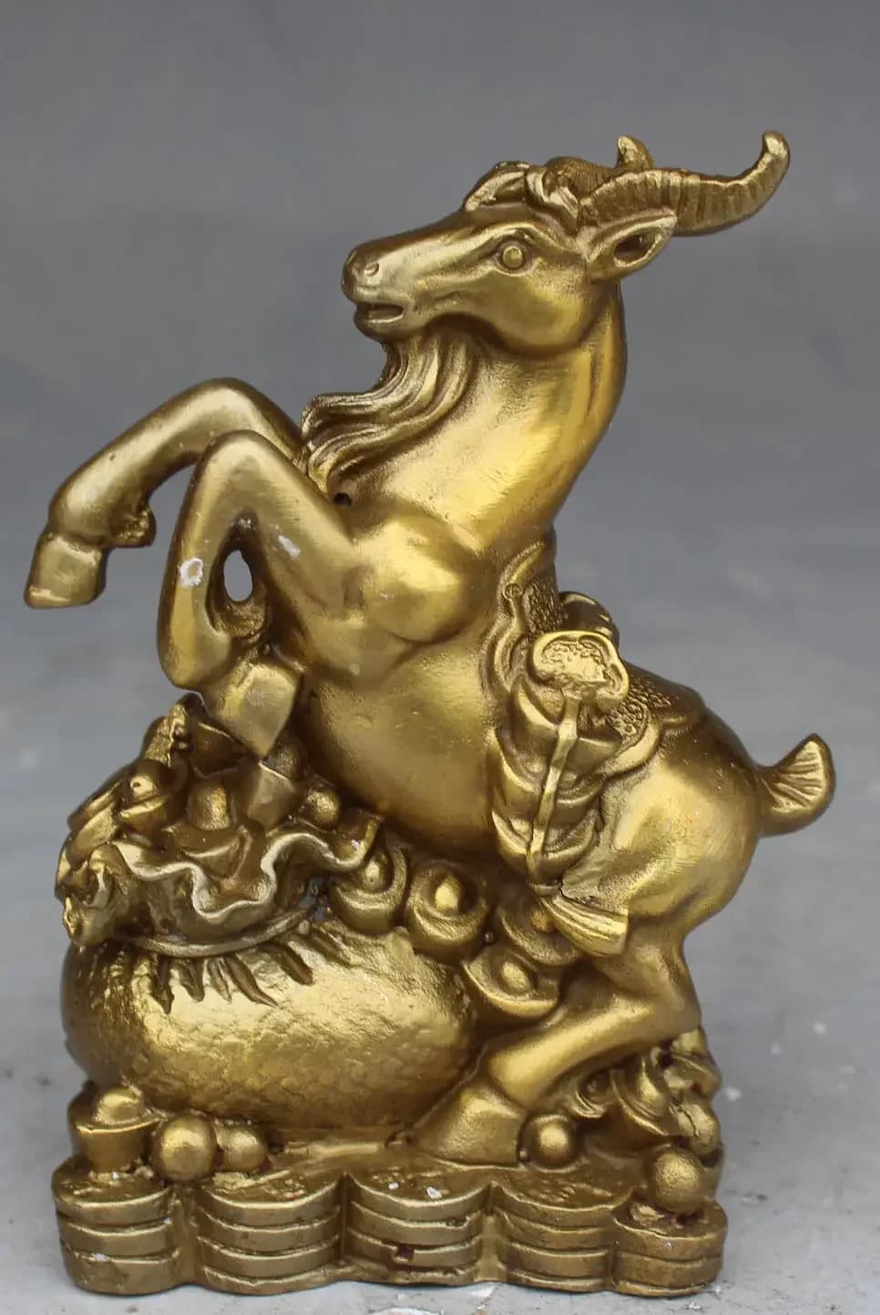 5" Chinese Bronze Wealth Yuanbao Money Bag Animal Sheep Goat Ram Ruyi Sculpture