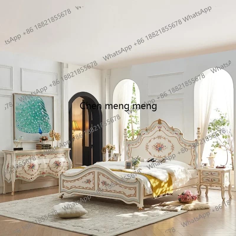 All solid wood French style, master bedroom painted flowers, cream style European court, double wedding bed E136