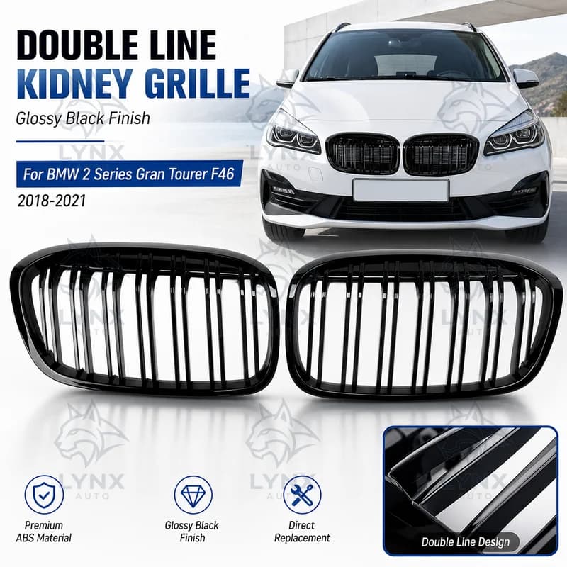 For BMW 2 Series Gran Tourer F46 2018-2021 Double Line Glossy Black Front Bumper Grille Kidney Grille Aftermarket