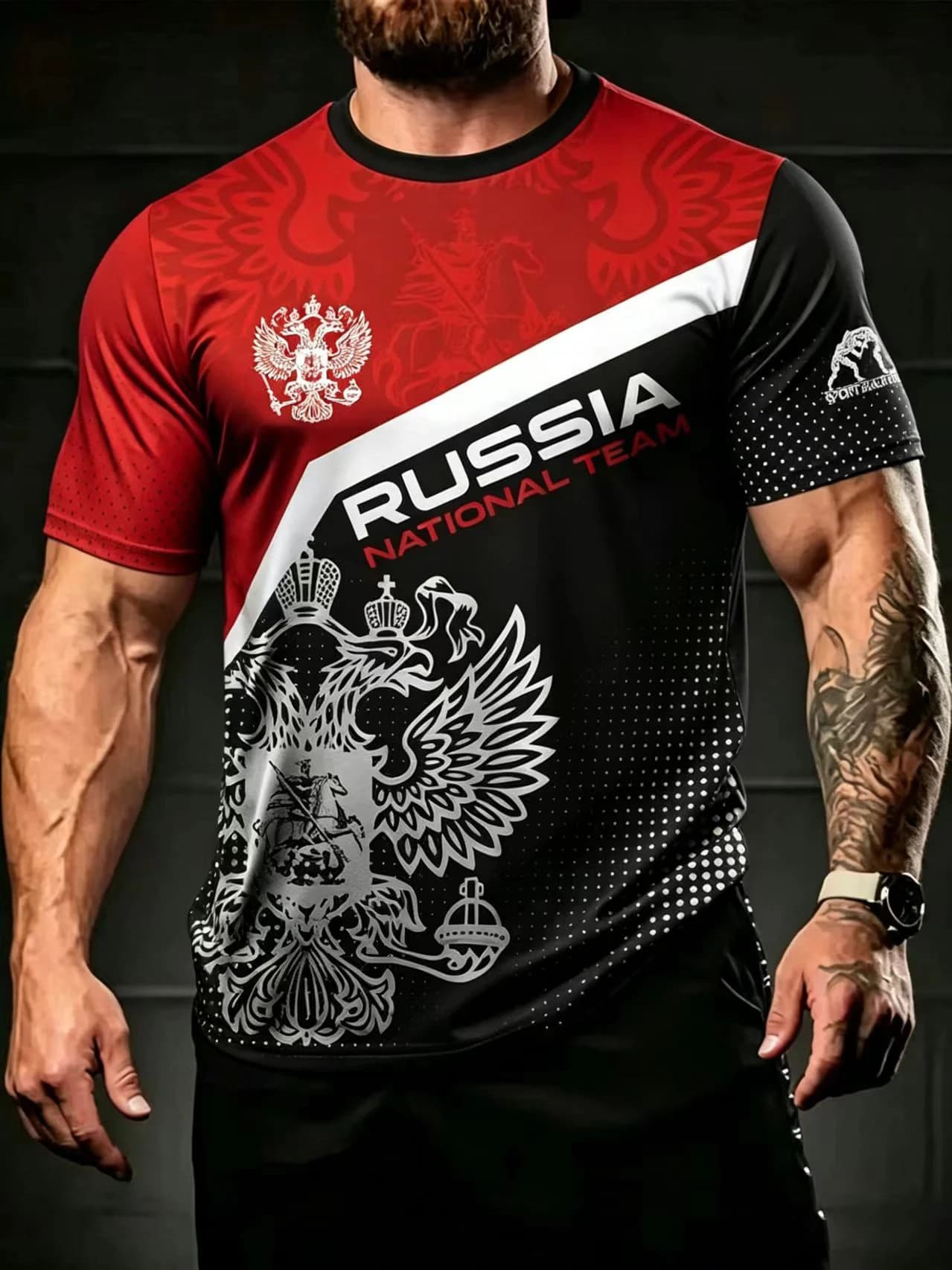 Men's Casual Streetwear 3D Printed Russian Double Headed Eagle Graphic T Shirt Loose Round Neck Quick Drying Sports T-Shirt tops