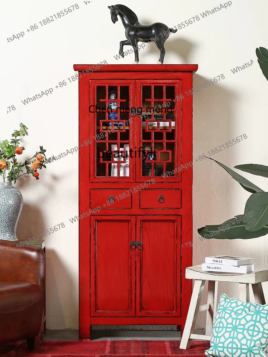 New Chinese imitation classical furniture solid wood red paint bookcase modern storage bedroom cabinet matching