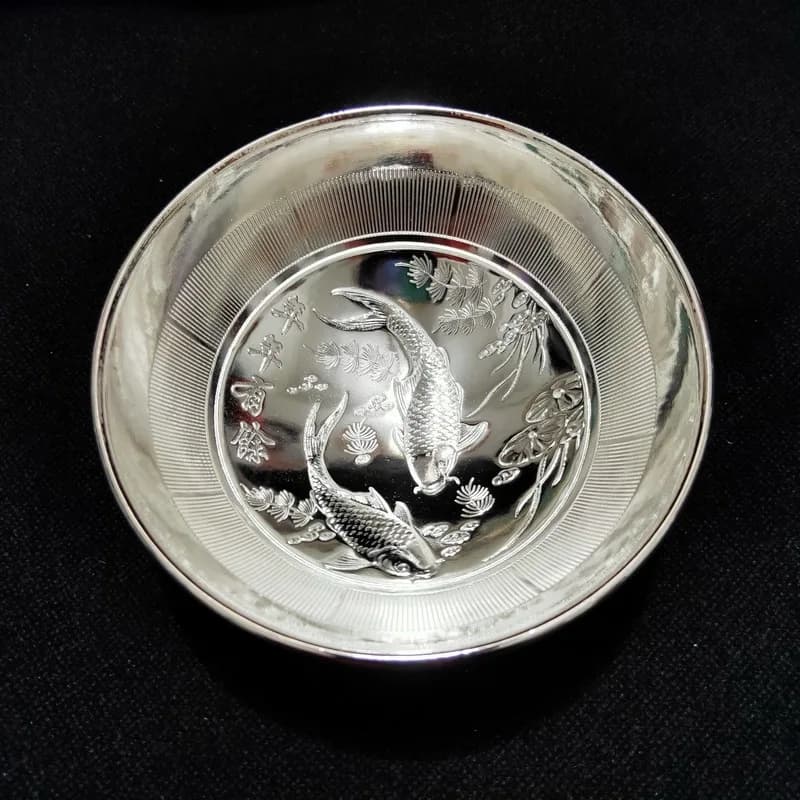 Five Blessings Silver , Double Fish Bowl, Abundant Fortune After Year, Spoon and Chopsticks Three-Piece Set, Full Moon