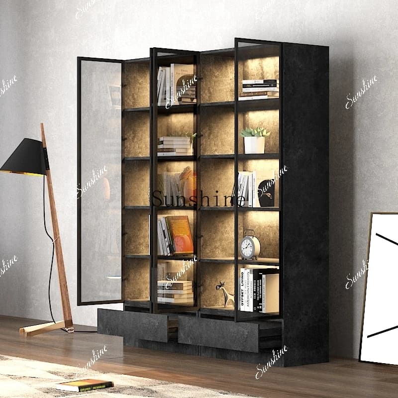 Light luxury floor-to-ceiling glass door bookcase displays modern simple household figure storage on the whole wall  FT