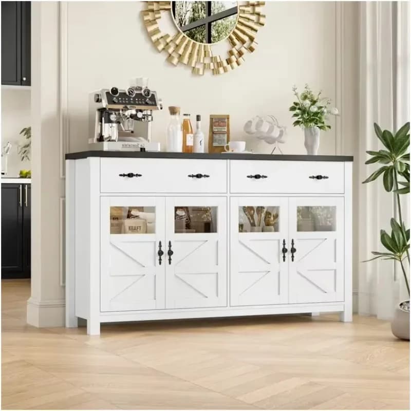 #x 55'' Sideboard with 4 Glass Doors, 2 Large Drawers and Adjustable Shelves wooden white buffet cabinet