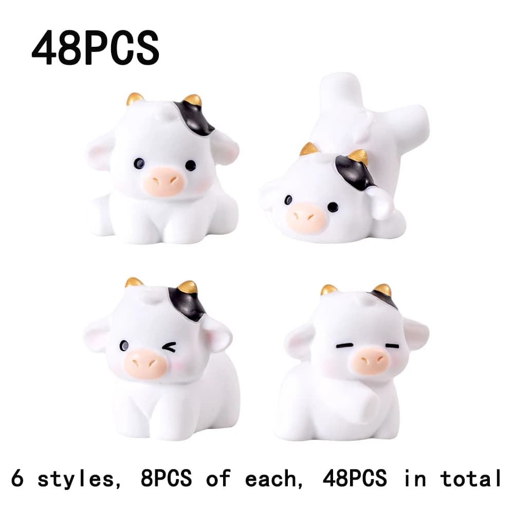 48PCS Mini Cow Figurines Resin Cow 6 Kinds of Cute Cow Resin Animal Mini Resin Figures Outdoor Home Garden Decoration Accessorie