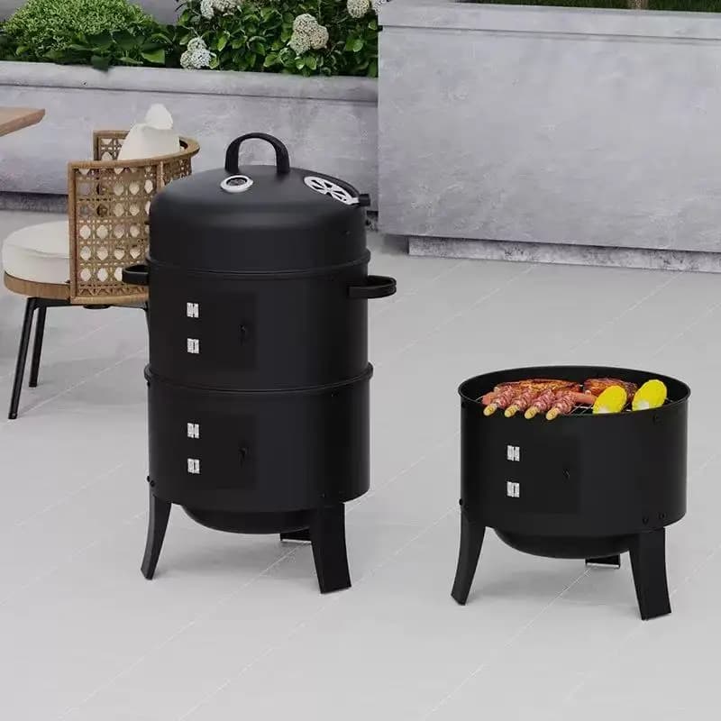 3 in 1 Outdoor BBQ Charcoal Grill, Barbecue, Smoker with Thermometer