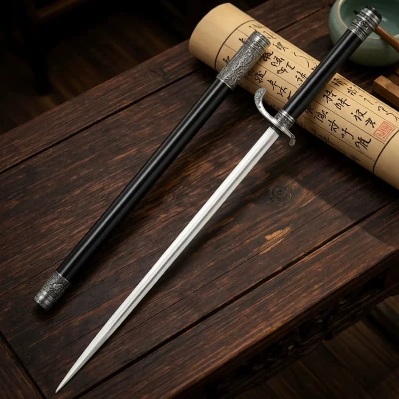 Auspicious Cloud Hexagonal Hidden Spear Manganese Steel Hexagon Straight Blade Matte Black Metal Tube Scabbard Short Spear