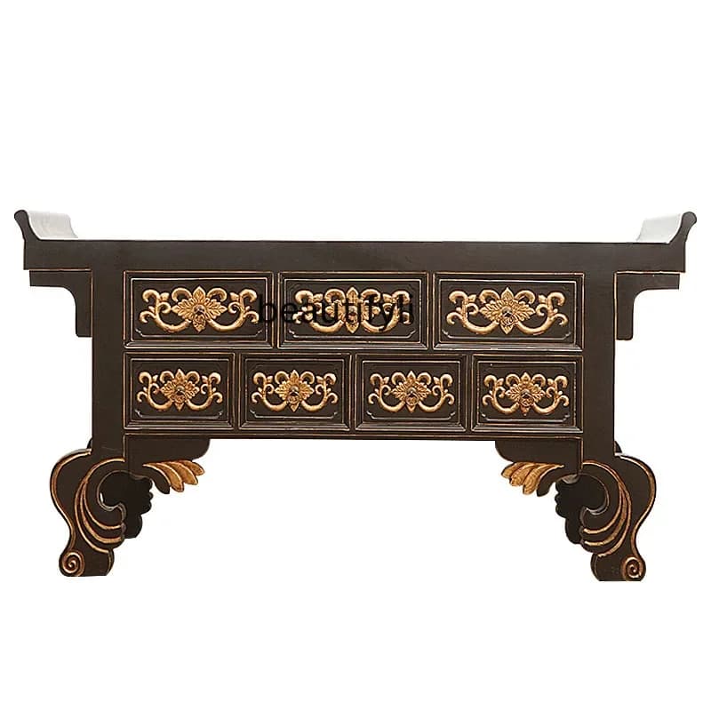 C06 Old Elm Wood Strip Case Living Room Partition Entrance Cabinet Solid Wood Hallway Case Carved Head Case Altar