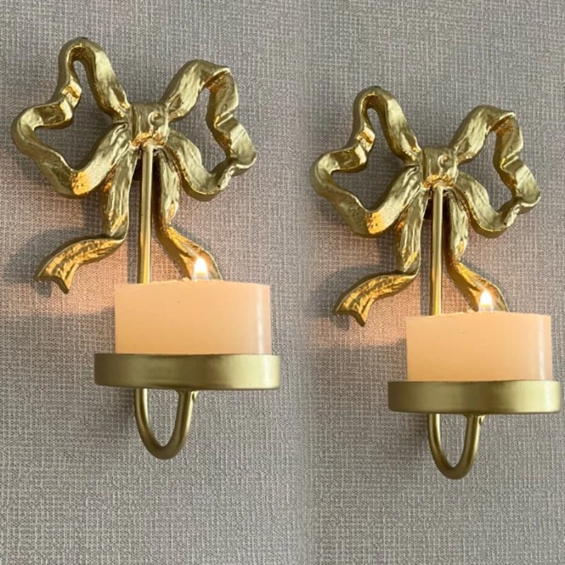 Vintage Iron Gold Wall Mounted Bowknot Candlestick Living Room Bathroom Bedroom Kitchen Wall Decoration Candle Holder Home Decor