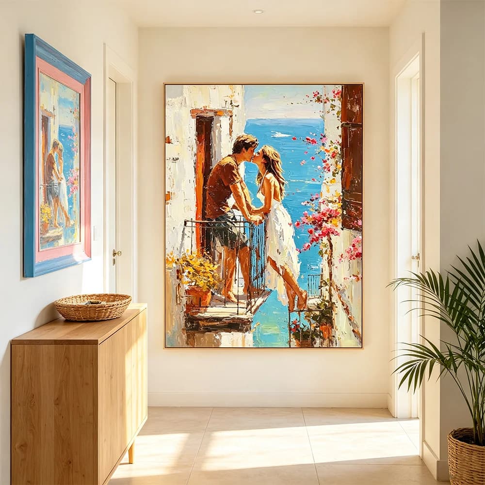 Balcony Kiss Poster Seaside House Romantic Couple Print Picture Canvas Painting Wall Art Painting Home Living Room Decor