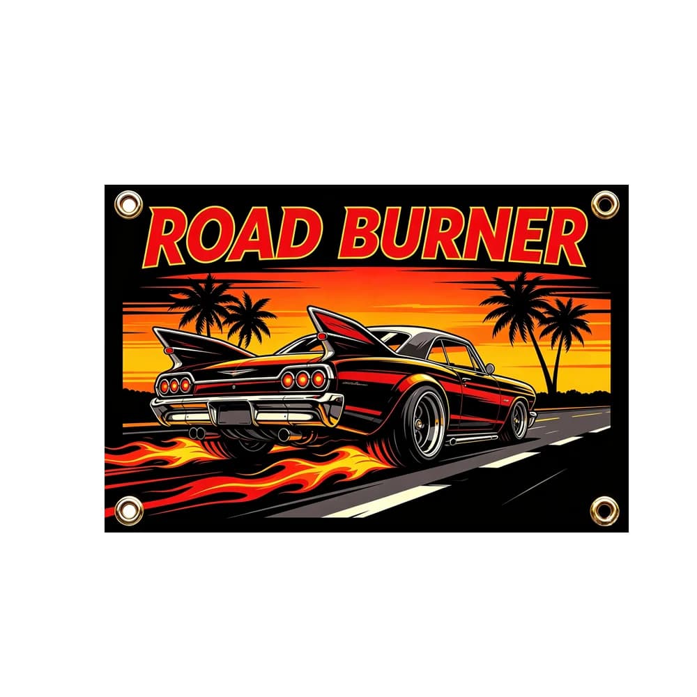 Road Burner Vintage Hot Rod Car Polyester Banner 2x3ft 3x5ft Retro American Muscle Car Garage Man Cave Home Wall Hanging Decor