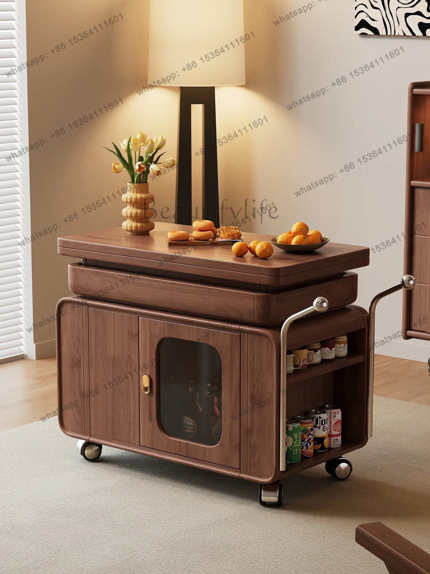 Solid wood coffee table movable lifting folding household corner table new cart