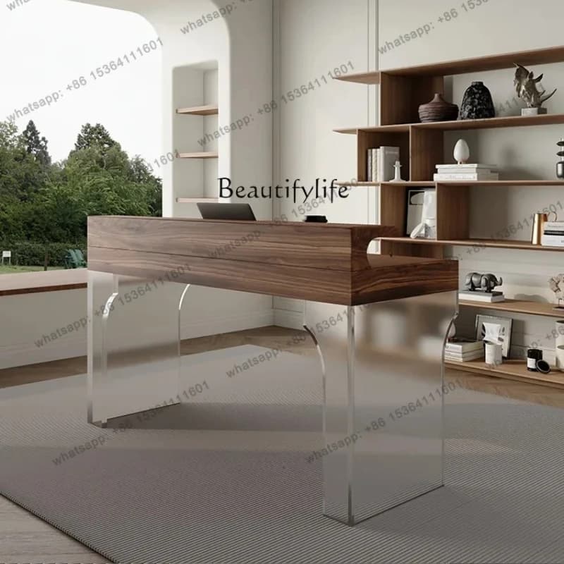 jj5 Italian Minimalist Solid Wood Leather Desk With Light Modern Simple Computer Desk Storage Organizer