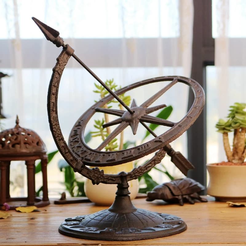 Antique Cast Iron Sundial Sculpture Handmade Celestial Decor with Roman Numerals for Study Library Office Desk Vintage Ornament