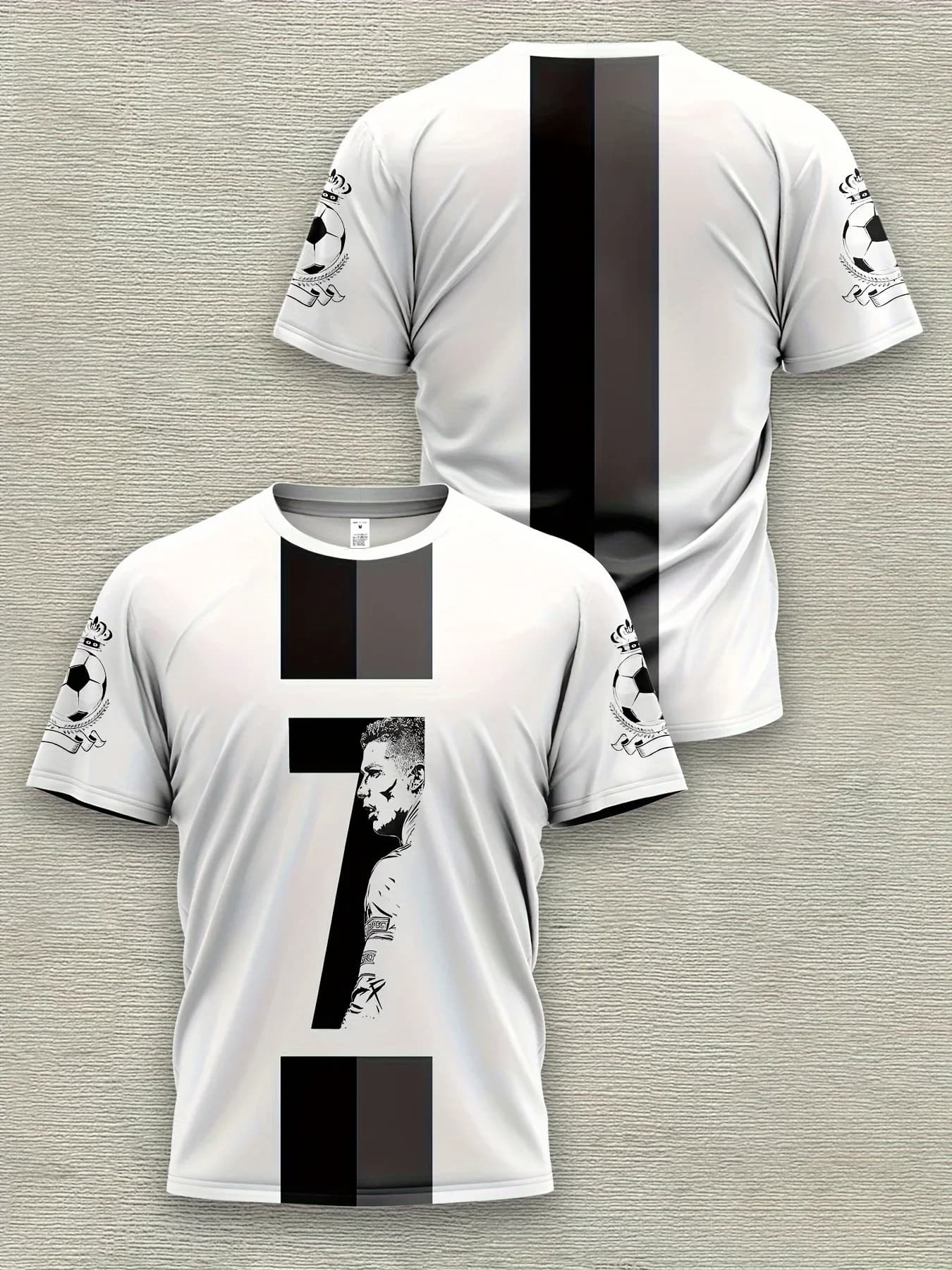 Boys' Novelty Graphic T-Shirt - 3D Digital Print Short Sleeve with Bold '7' & Portrait Design Black & White Contrast