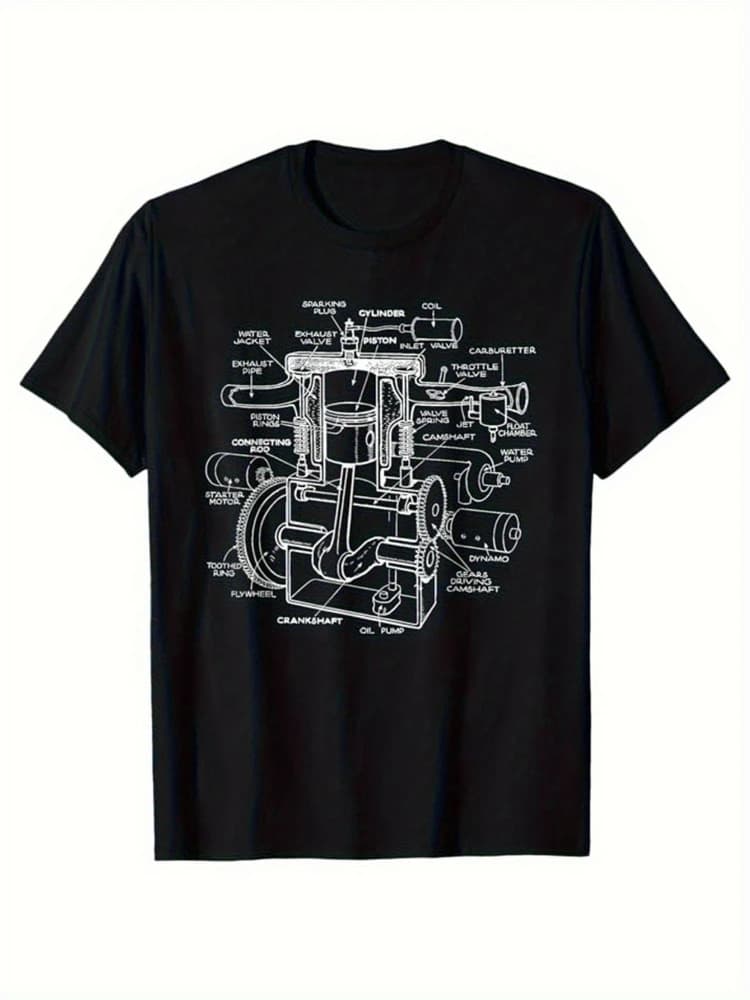 Vintage Automotive Engine Technical Drawing - Mechanical Blueprint Design-100% cotton O-neck short sleeve printed men's T-shirt.