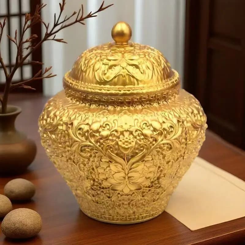 Antique brass tea caddy with Tang- ornamental patterns, ancient-style entwined lotus carving, suitable for decoration in te