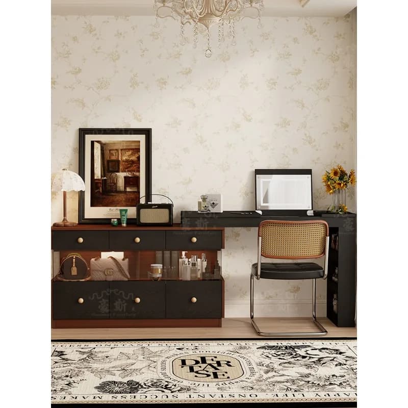Retro style mobile dresser, bedroom brown makeup table visual storage chest combination display cabinet
