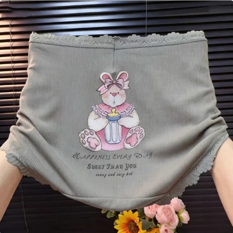 Sweet Cartoon Women's Sexy High Waist Briefs Breathable Thin Comfortable Shorts Large Size Cute Lace Trim Butt Covering Panties