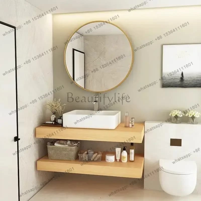 ld Log Bathroom Vanity Ceramic Integrated Washbasin, Modern Design Solid Wood for Small Spaces   Wall-Mounted Feature