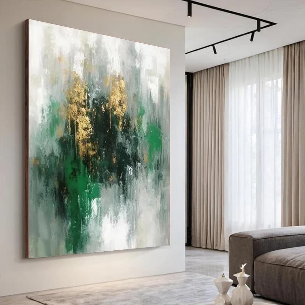 Large abstract green gold wabi sabi canvas painting, minimalist wall decoration, modern home decor