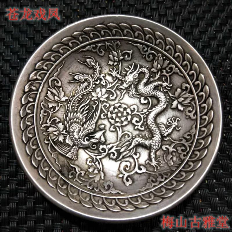 Antique Miscellaneous Collectibles: White Copper Silver-Plated Phoenix Plate, Vintage Auspicious Dragon and Phoen