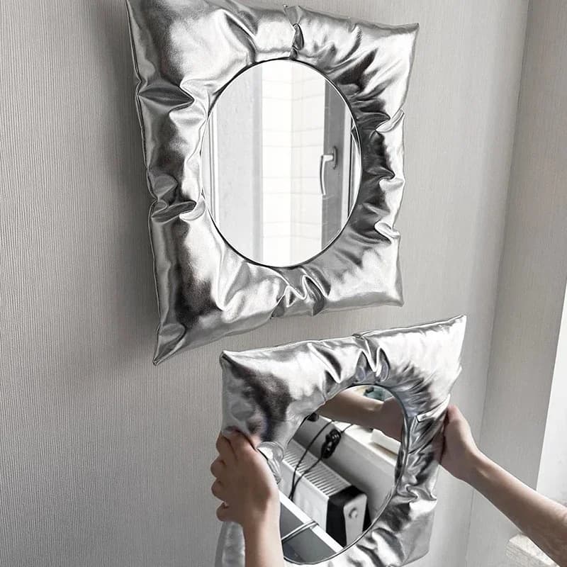 INS Metal Style Pillow Mirror Creative Square Wall Mounted Bathroom Mirror Makeup Mirror Wall Hanging Home Bedroom Wall Decor