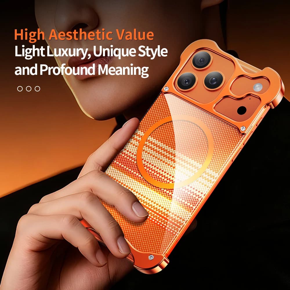 Metal Alloy Irregular Corners Frameless For Magsafe Case For iPhone 17 Pro Max Borderless Magnetic Glossy Plastic Back Cover