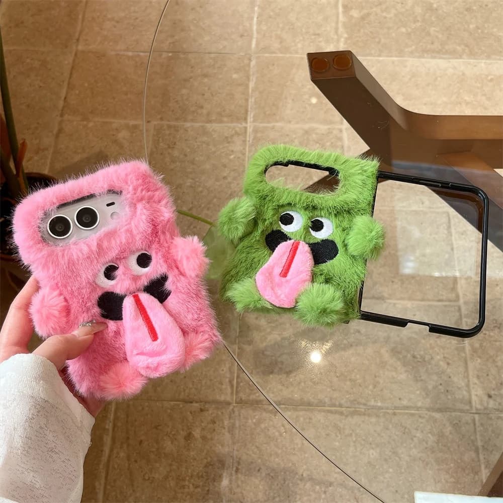 Kawaii Fluffy 3D Cartoon Monster Case For iPhone Ultra Soft Furry Plush Shell Funny  Warm Cozy Cute Fashion Phone Shell
