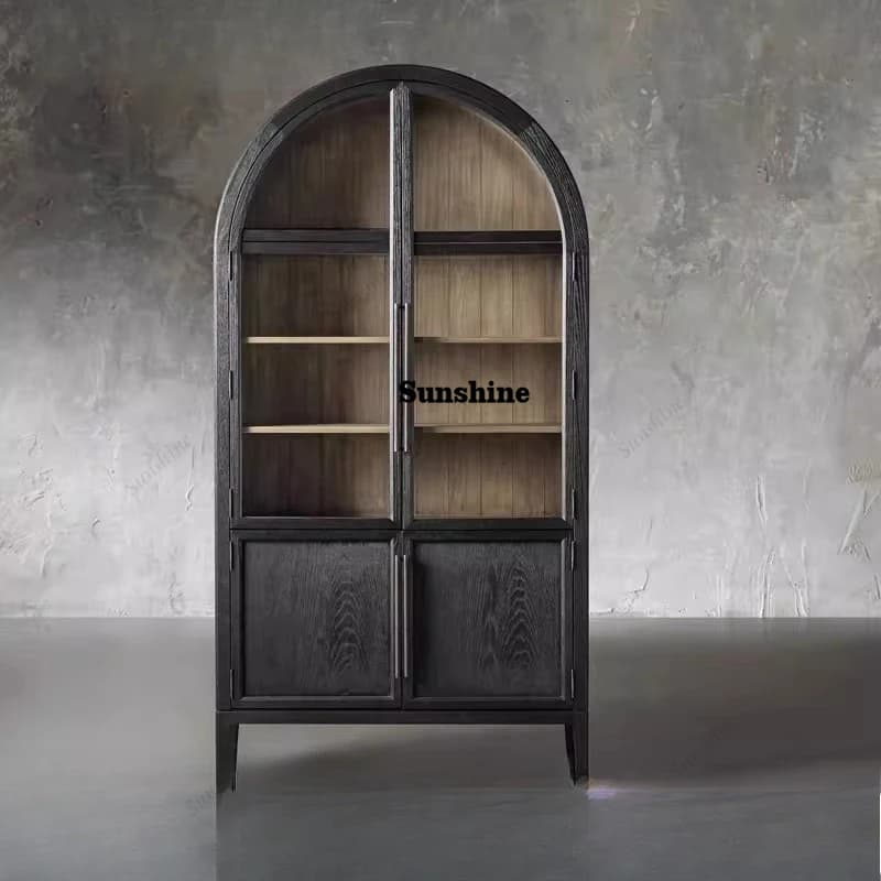 light luxury solid wood, living room storage wine cabinet, black medieval style, retro dining side cabinet with glass door