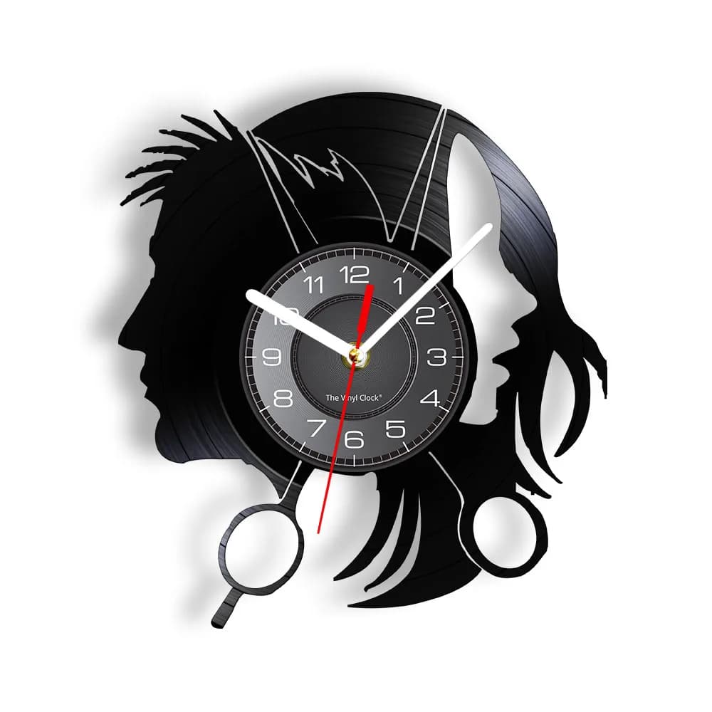 Hair Beauty Salon Shop Business Logo Wall Clock Hair Dressers Salon Stylish Hair Scissors Haircut Barber Vinyl Record Wall Clock