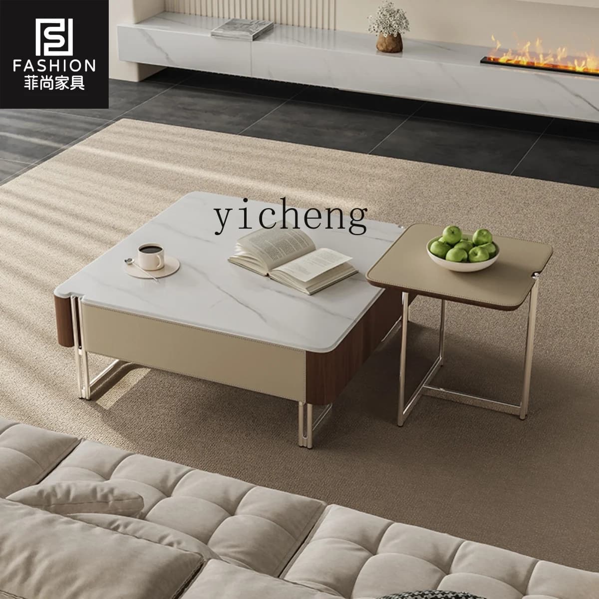 YFY  minimalist coffee table combination marble living room household small apartment stainless steel modern light luxury