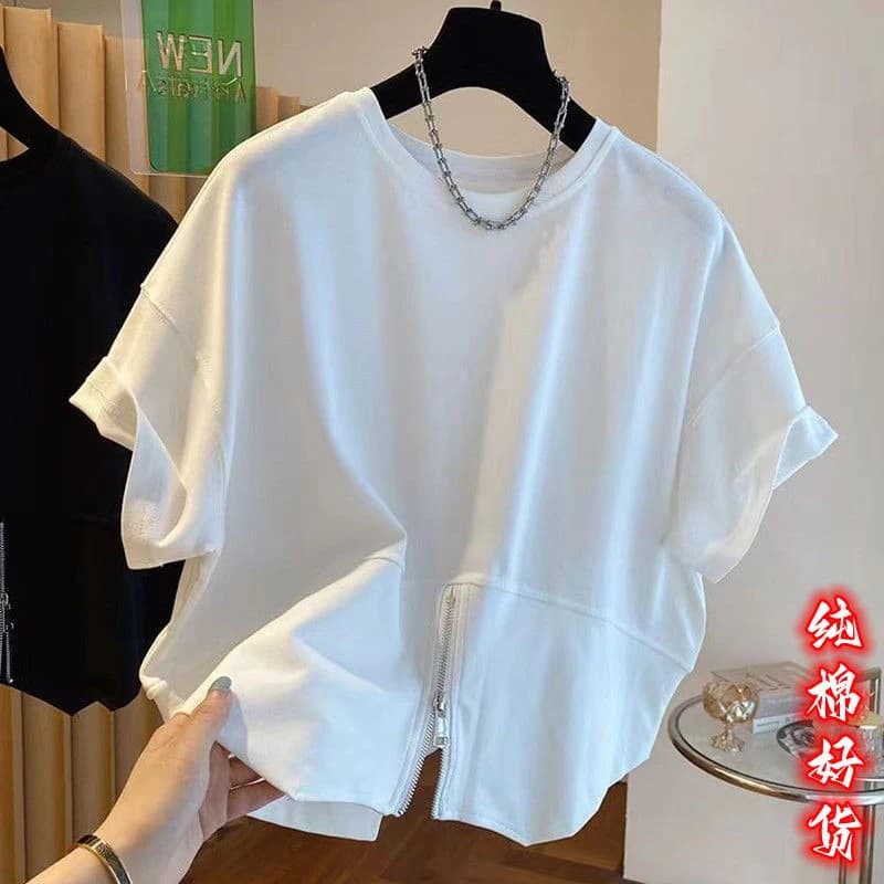 Summer Hem Zipper Slit Short Sleeve Men O Neck T Shirts Fashion Simple Loose All-match Oversized Tops Tee Daily Wear Black White